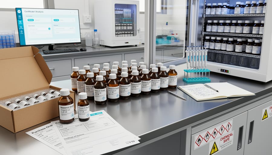 Peptide vials and lab pipettes on a refrigerated laboratory benchtop