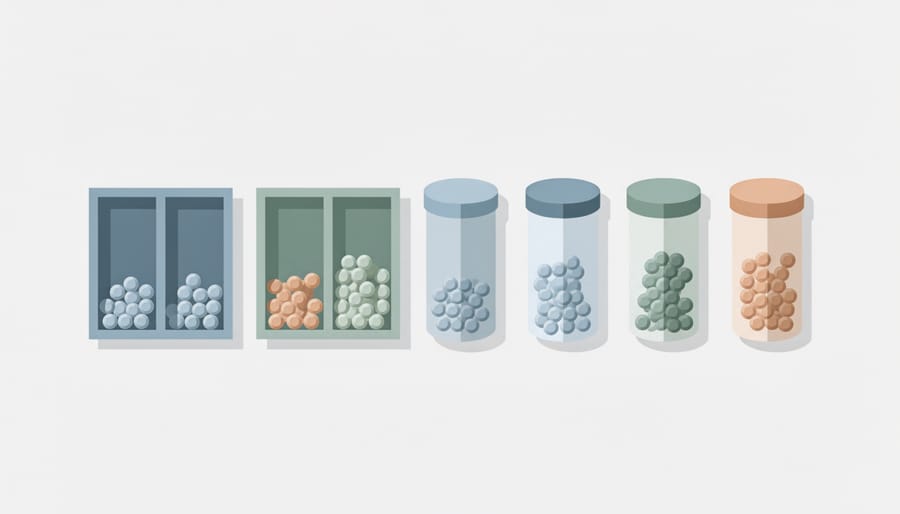 Top-down view of gloved hands organizing research peptide vials into storage blocks