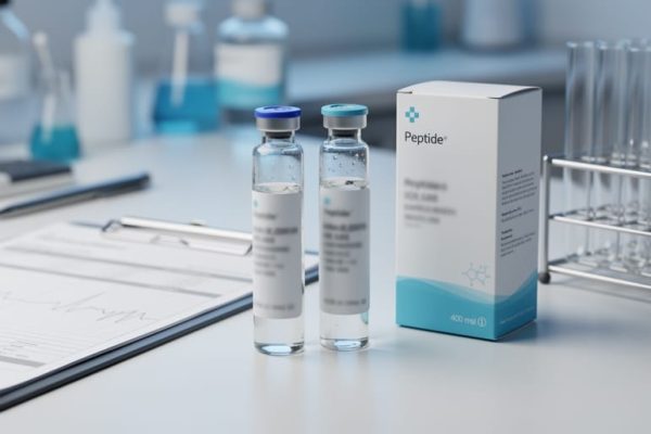 Close-up view of peptide sample vials and lab documentation on a clean laboratory bench, representing quality verification when buying research peptides.