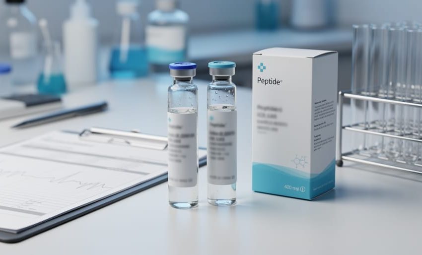 Close-up view of peptide sample vials and lab documentation on a clean laboratory bench, representing quality verification when buying research peptides.