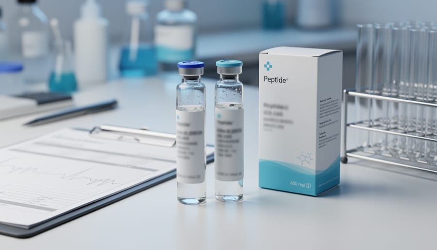 Close-up view of peptide sample vials and lab documentation on a clean laboratory bench, representing quality verification when buying research peptides.