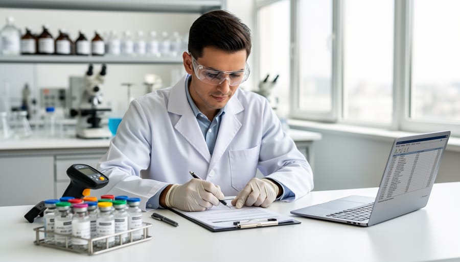 Gloved researcher reviewing peptide documentation beside lab equipment